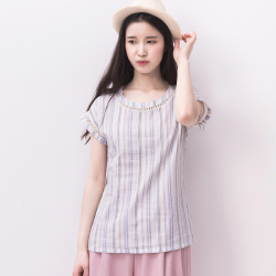 素裁 2017夏季棉麻宽松文艺清新大码条纹亚麻女装<span class="gcolor">短袖T恤</span>上衣 D9016