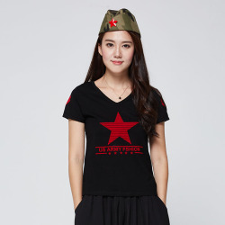 新2017春夏新款军迷水兵舞<span class="gcolor">T恤</span>女黑色前后V领五角星莫代尔<span class="gcolor">短袖</span>