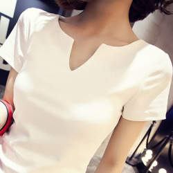 韩美 20127款韩版紧身显瘦上衣半袖v领<span class="gcolor">短袖t恤</span>女修身纯色棉打底衫 6711