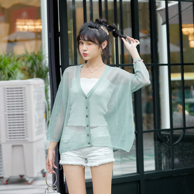 新款针织开衫开夏防晒衫女装一件代发韩版纯色镂空V字领单排扣薄款外套