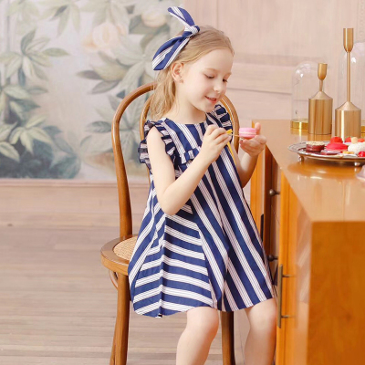 伊卡通 夏季新款时尚气质可爱女童中式荷叶袖竖条纹公主裙 921175