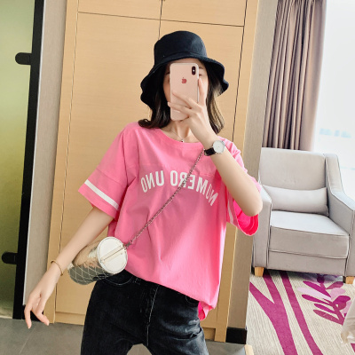 1594#实拍 2020春夏新款女装韩版纯棉字母宽松学院风短袖T恤女