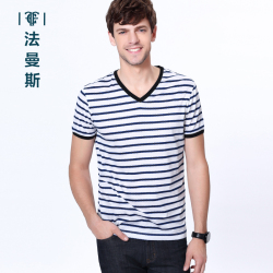 法曼斯2016夏季新款条纹<span class="gcolor">短袖T恤</span>男士青年商务休闲V领短袖衫修身男