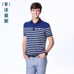 法曼斯2016夏季纯棉<span class="gcolor">短袖T恤</span>青年男士时尚休闲条纹翻领短袖衫薄款