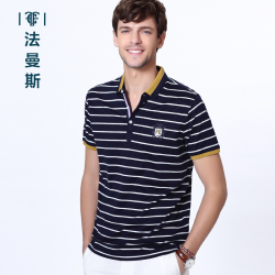法曼斯2016夏季天丝棉条纹<span class="gcolor">短袖T恤</span>青年男装商务休闲亲肤翻领短T男