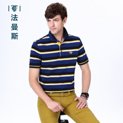 法曼斯2016新春翻领纯棉宝蓝条纹<span class="gcolor">短袖T恤</span>商务青年男装Polo衫短T男