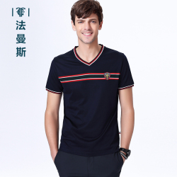 法曼斯2016夏季纯棉<span class="gcolor">短袖T恤</span>青年男士时尚撞色V领修身商务休闲短T