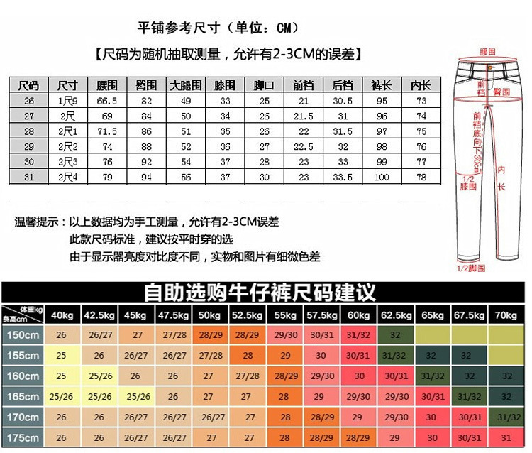 中腰牛仔褲通用尺碼錶